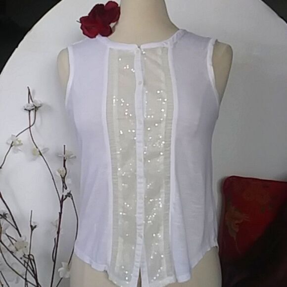 American Eagle Sequin Button Down Sleeveless Blouse w/ Sheer Ruching Siz… - Picture 2 of 9